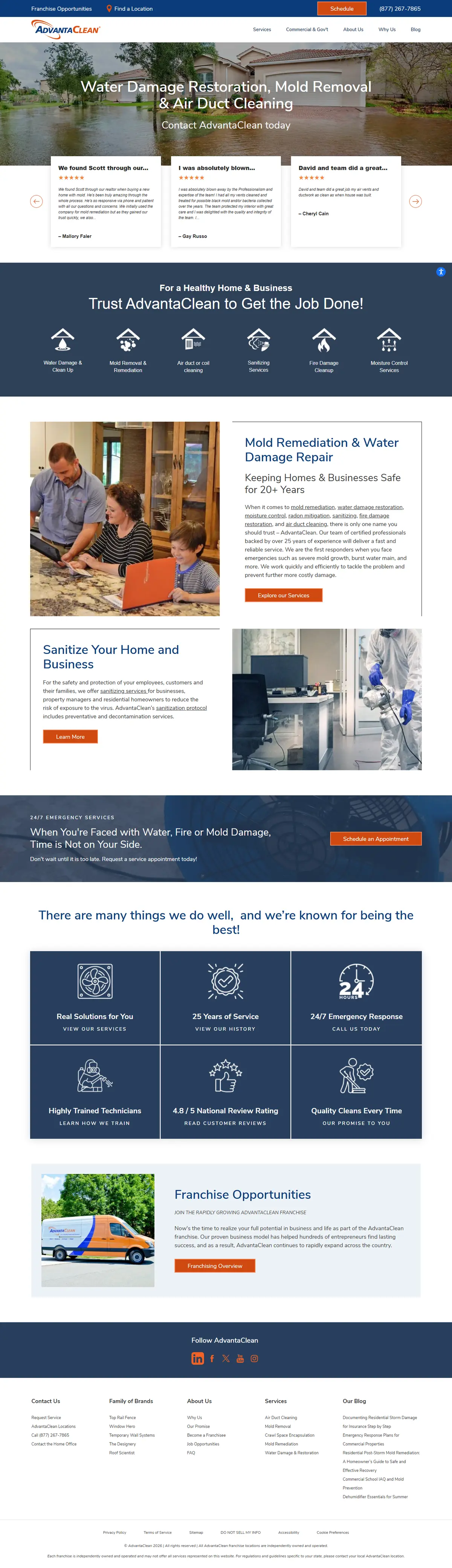 Full-page screenshot of the AdvantaClean homepage: water damage and mold remediation hero with reviews, service icons, feature sections and franchise opportunities.