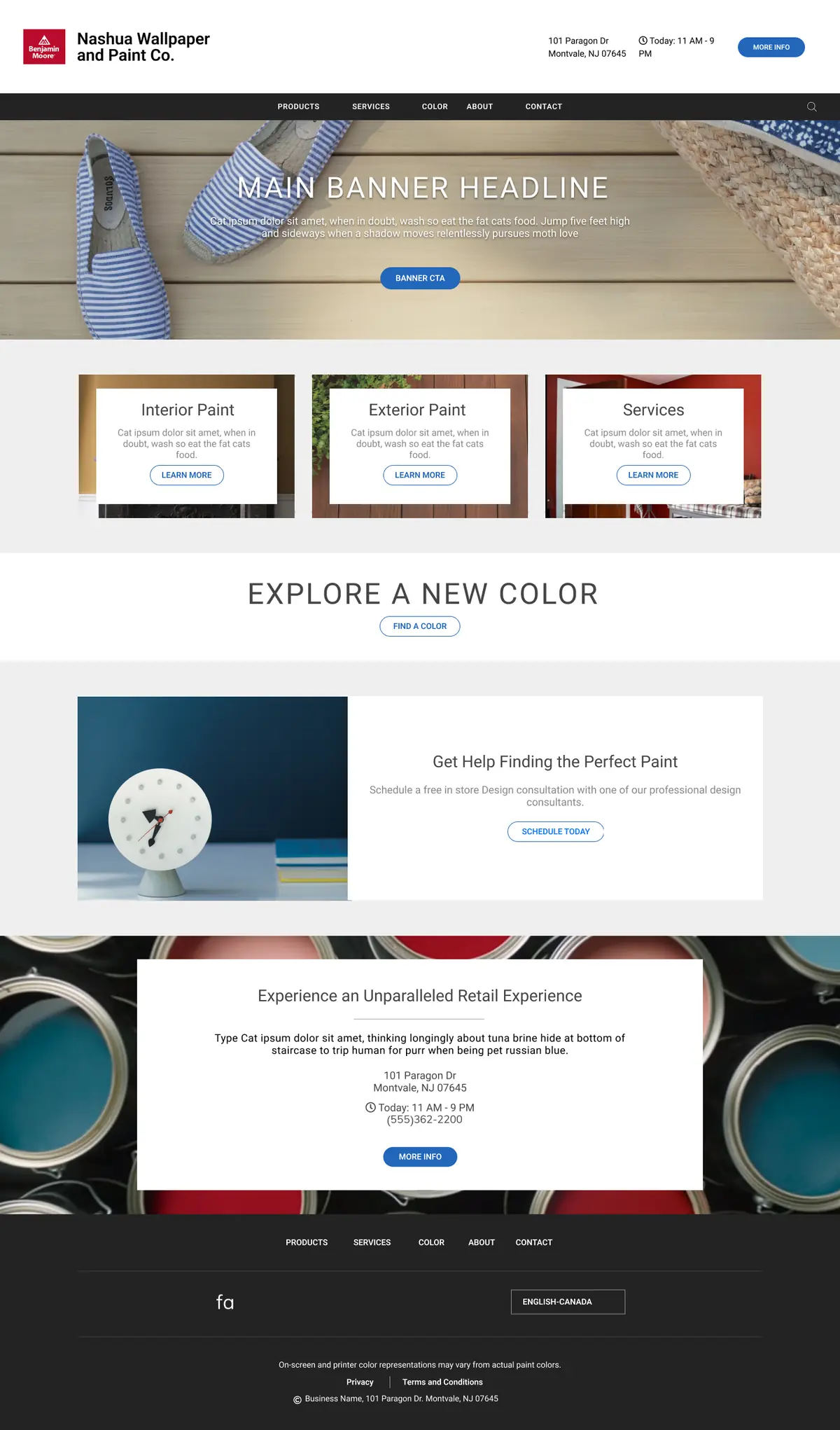 Homepage design for a Benjamin Moore retailer: banner hero, interior paint, exterior paint and services cards, Explore a New Color callout, consultation booking and store details.