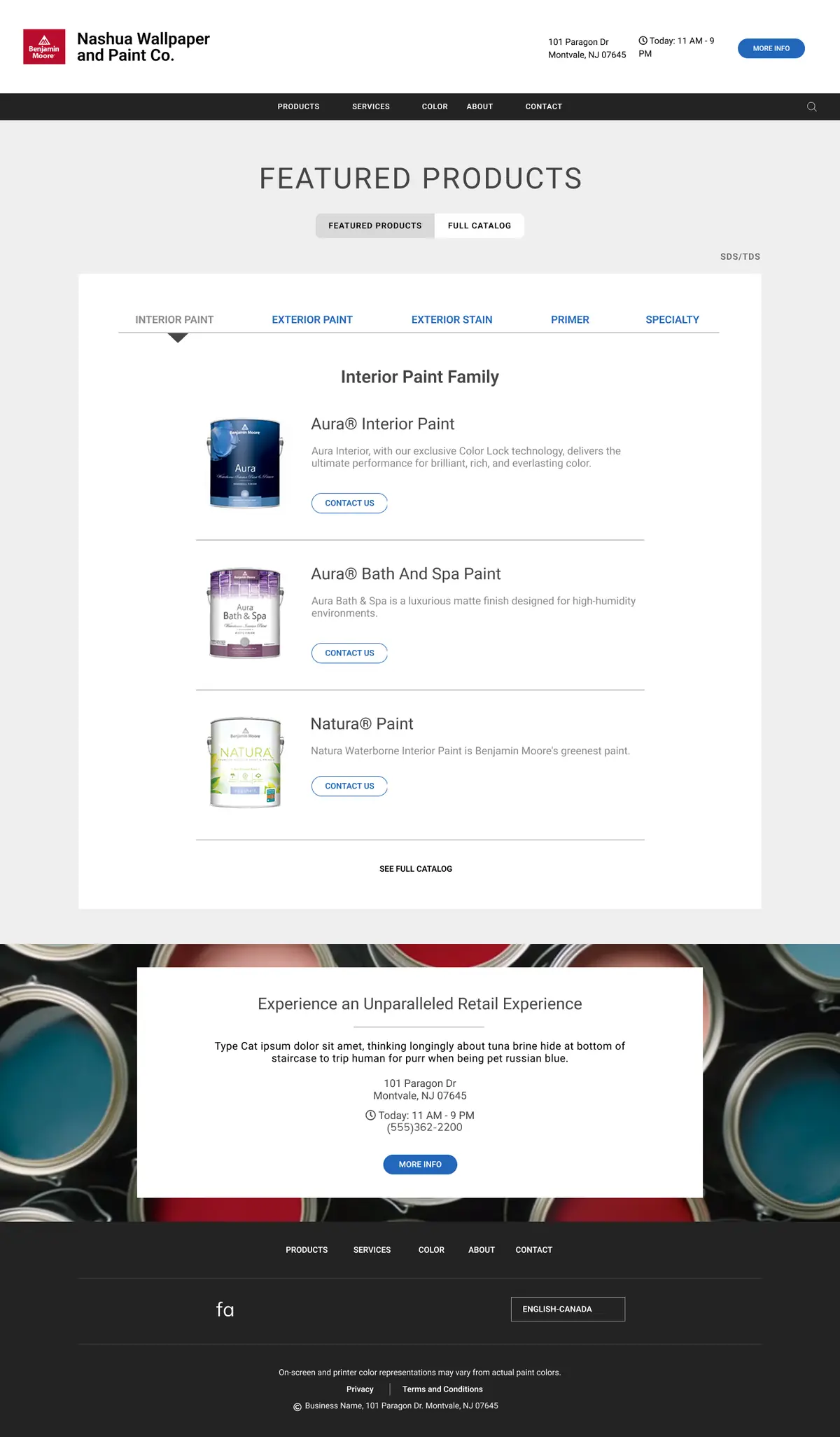 Featured products page design: tabbed paint families listing Aura, Aura Bath and Spa and Natura paints with contact buttons, followed by the retail store information block.