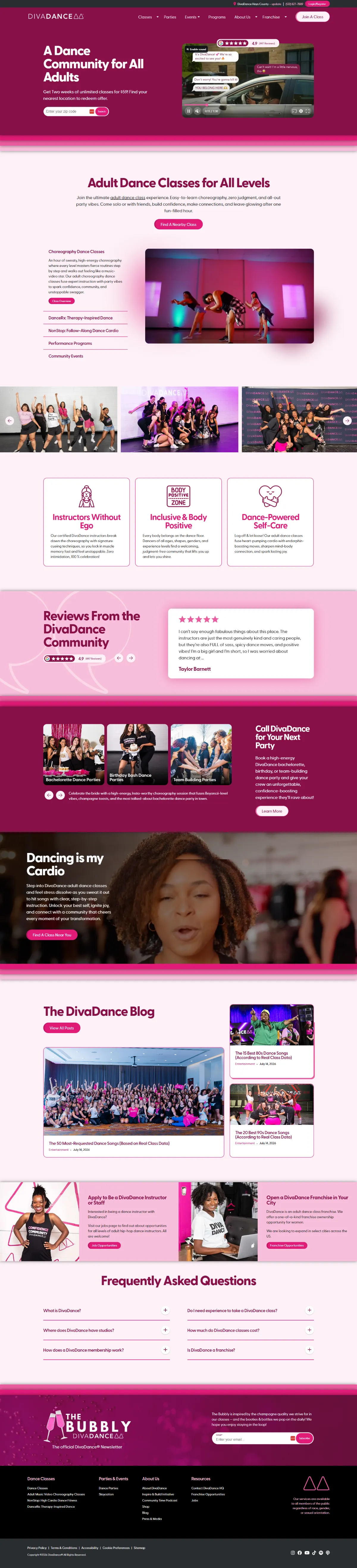 Full-page screenshot of the DivaDance homepage: location finder hero, adult dance class programs, reviews, party booking, blog and franchise sections.