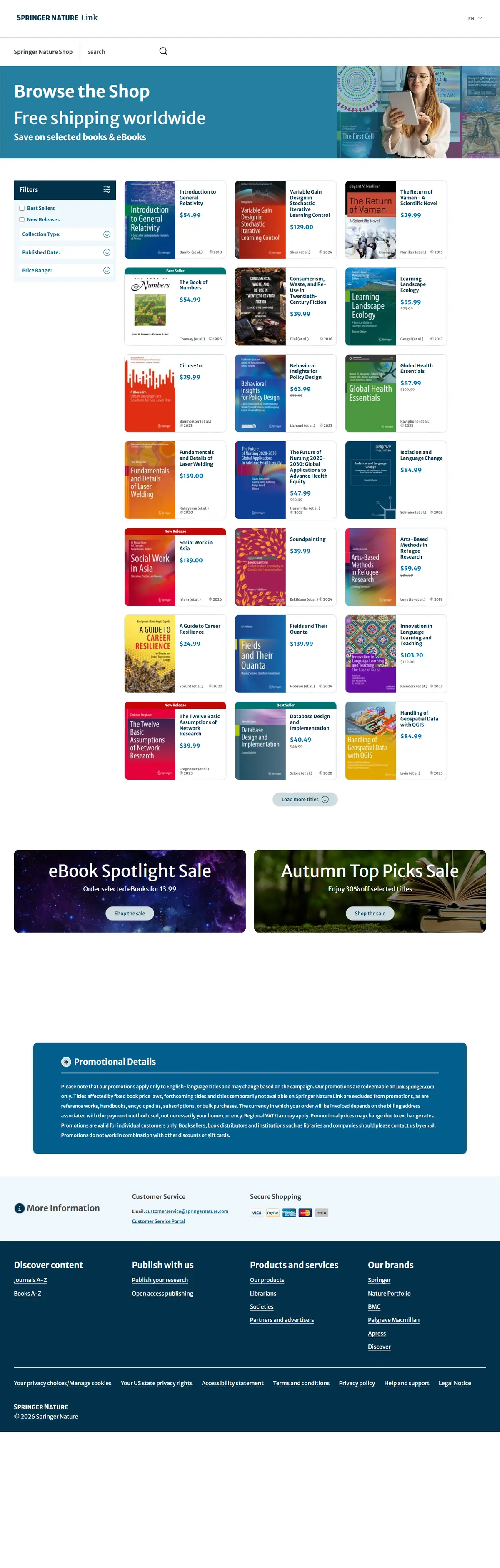 Full-page screenshot of the Springer Nature shop landing page: promotional banner, filterable grid of books with local pricing, and eBook sale callouts.