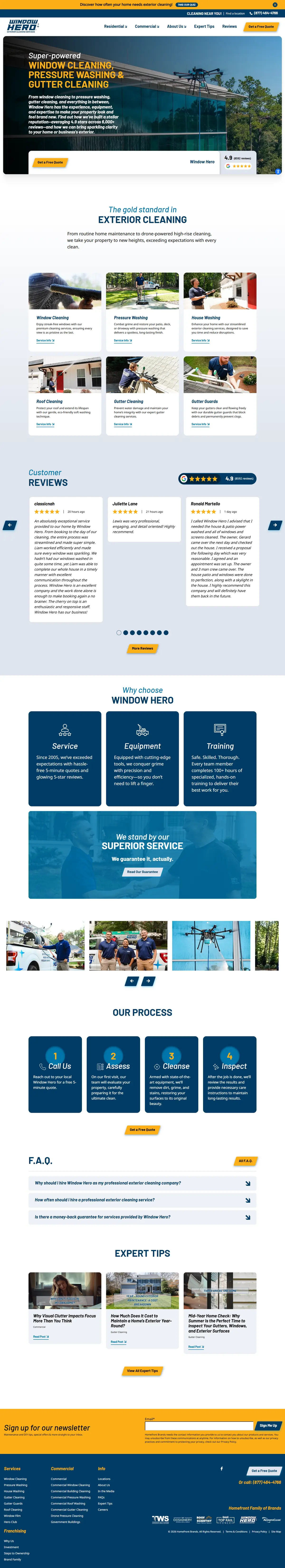 Full-page screenshot of the Window Hero homepage: exterior cleaning hero, service cards, customer review carousel, process steps, FAQ and expert tips.